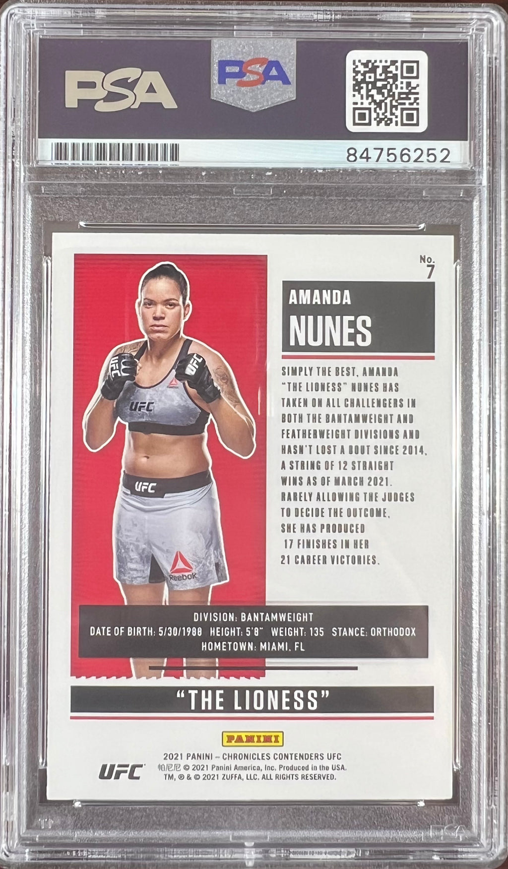 Amanda Nunes auto 2021 Panini Chronicles Contenders card #7 UFC PSA Encapsulated