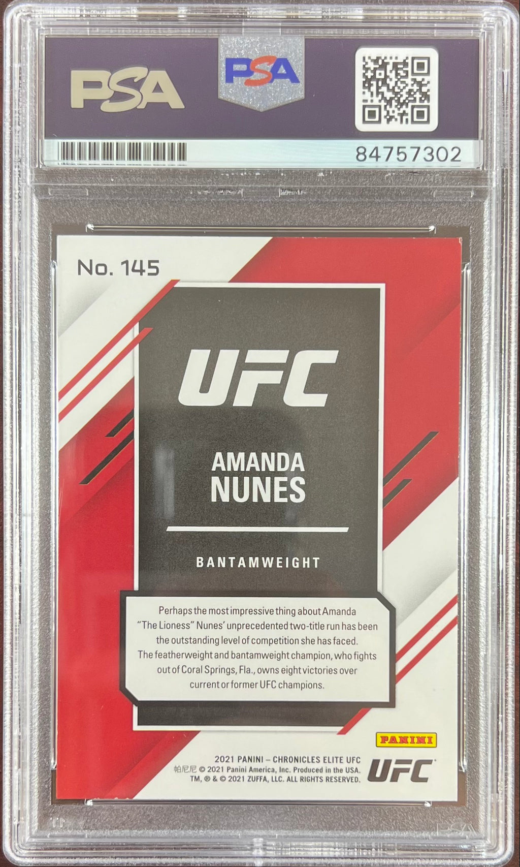 Amanda Nunes auto 2021 Panini Chronicles Elite card #145 UFC PSA Encapsulated