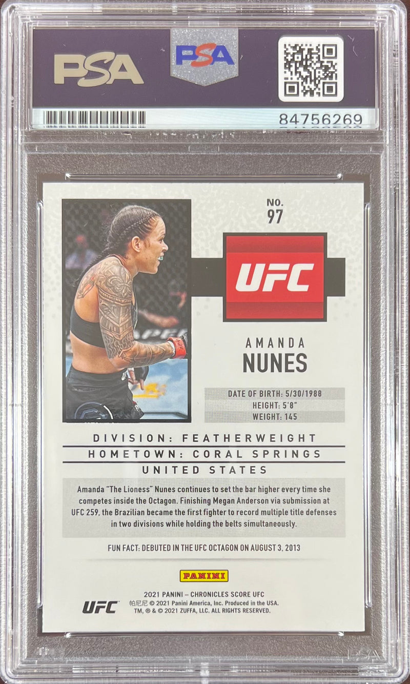 Amanda Nunes auto 2021 Panini Chronicles Score card #97 UFC PSA Encapsulated