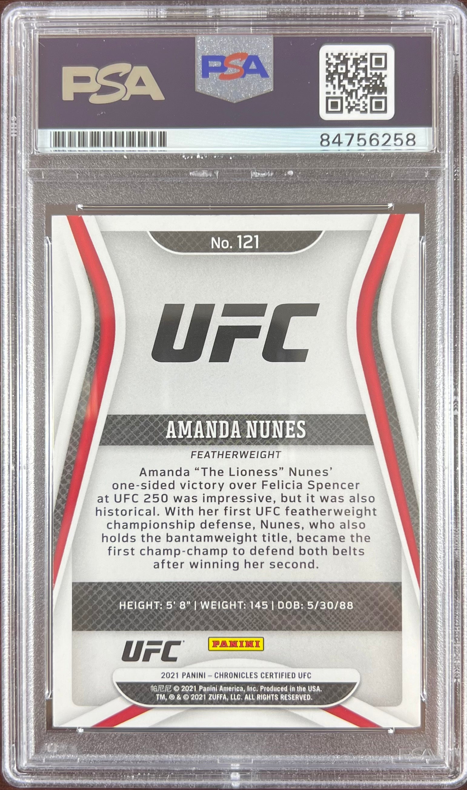 Amanda Nunes auto 2021 Panini Chronicles Certified card 121 UFC PSA En JAG Sports Marketing Amanda Nunes auto 2021 Panini Chronicles Certified card 121 UFC PSA En JAG Sports Marketing