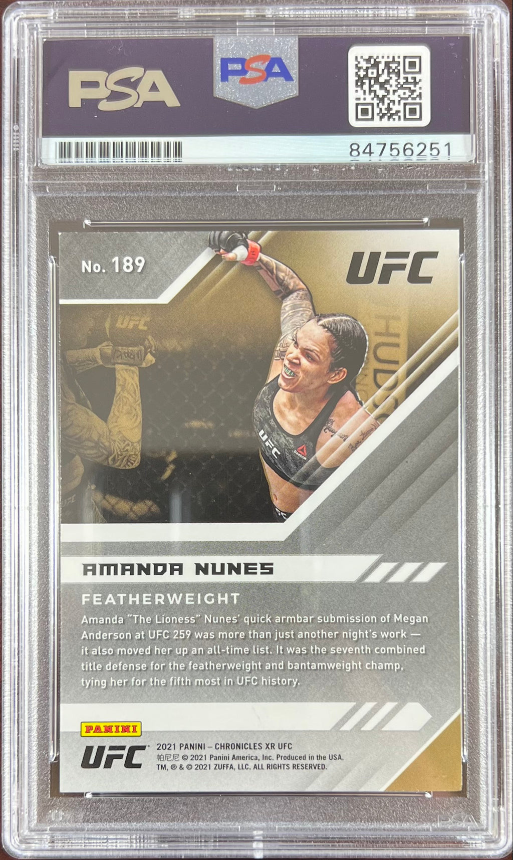 Amanda Nunes auto 2021 Panini Chronicles XR card #189 UFC PSA Encapsulated
