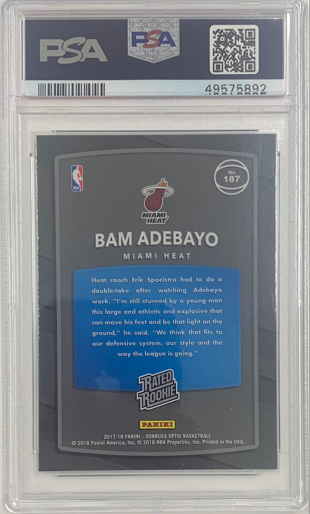 2017 Donruss Optic #187 Bam Adebayo NBA Miami Heat RC Rookie PSA 10 GEM MINT