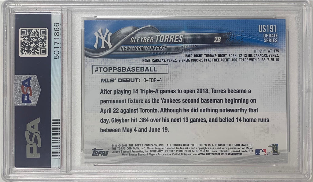 2018 Topps Update Gleyber Torres RC #US191 PSA 10 Gem Mint New York Yankees