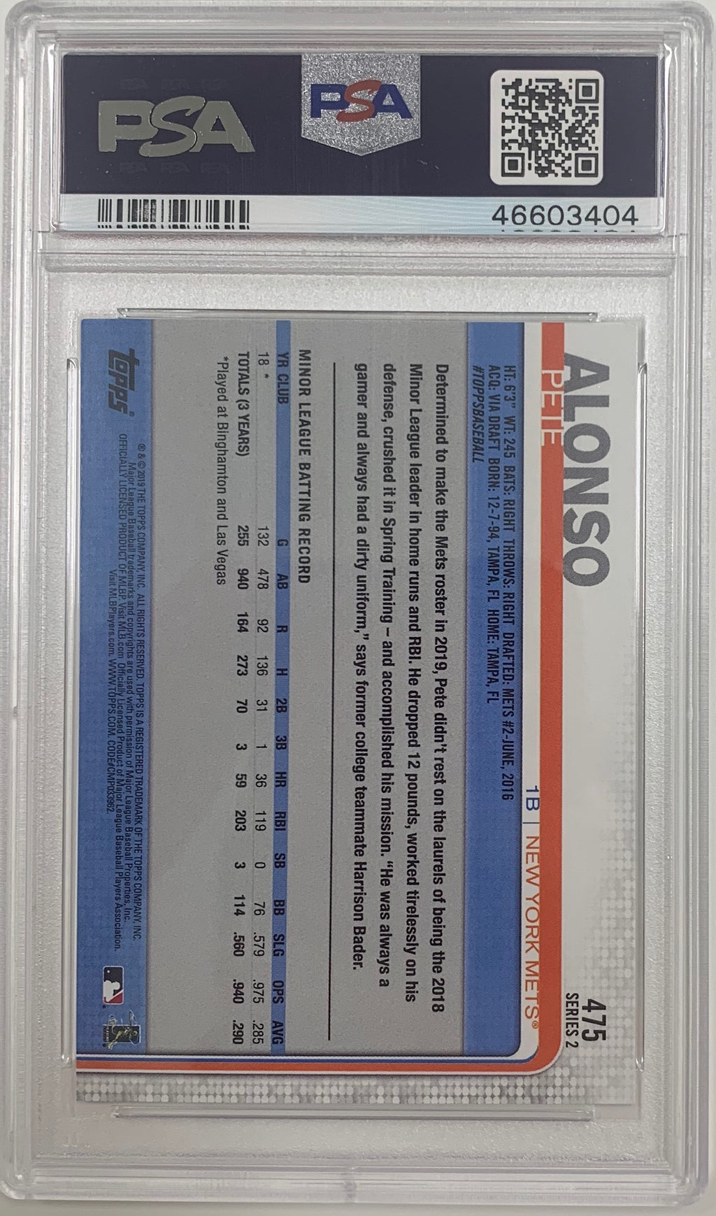 Peter Alonso 2019 Topps SERIES #475 RC New York Mets Rookie PSA 10 GEM MINT
