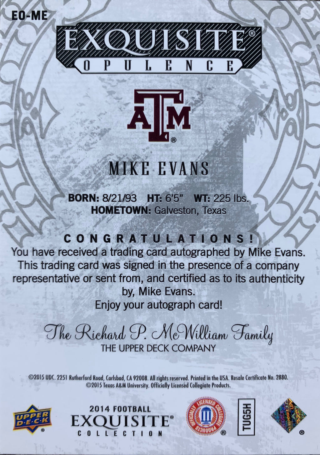 Mike Evans autographed signed Card 2 of 5 Texas A&M Upper Deck Exquisite - JAG Sports Marketing
