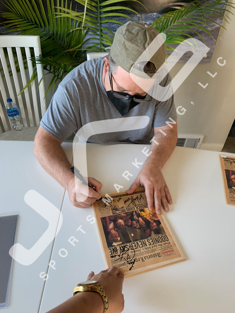 Corey Feldman Johnathan KeQuan Sean Astin signed inscribed Newsprint Goonies JSA