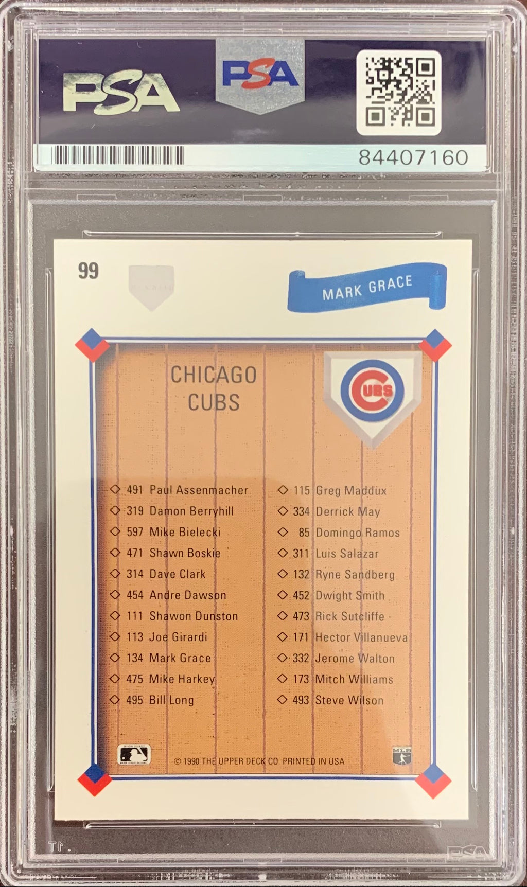 Mark Grace auto signed card Upper Deck #99 1991 Chicago Cubs PSA Encapsulated