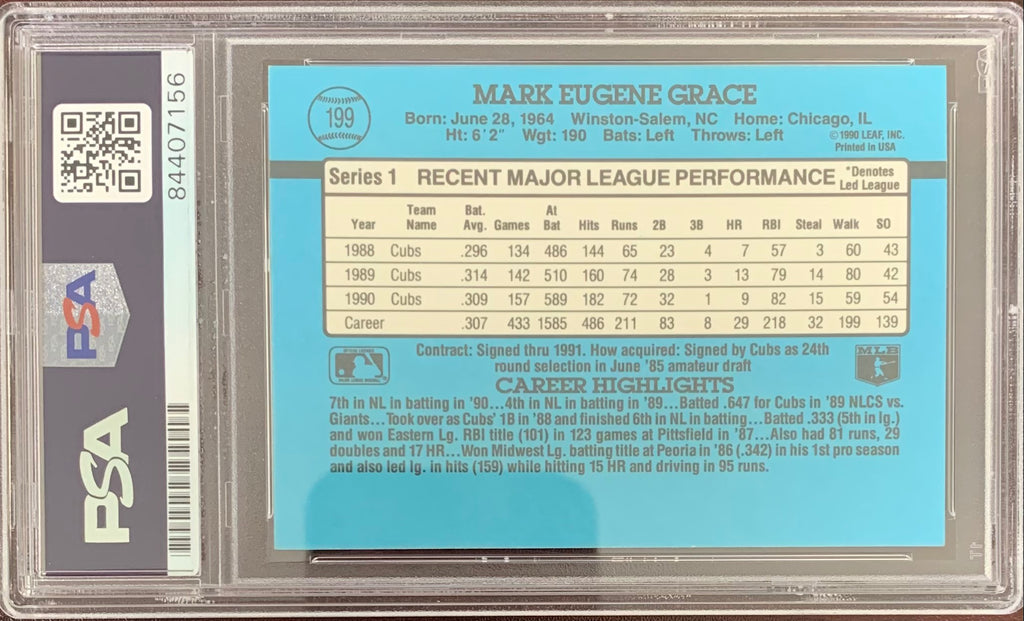 Mark Grace auto card Donruss #199 1991 Chicago Cubs PSA Encapsulated