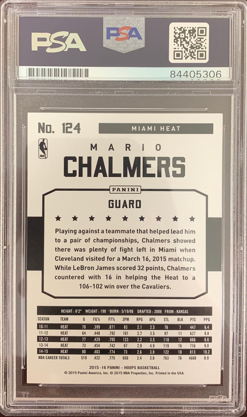 Mario Chalmers auto signed 2015 NBA Hoops #124 card Miami Heat PSA Encapsulated