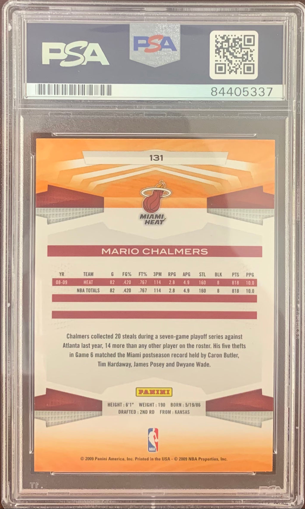 Mario Chalmers auto signed 2009 Panini #131 card Miami Heat PSA Encapsulated