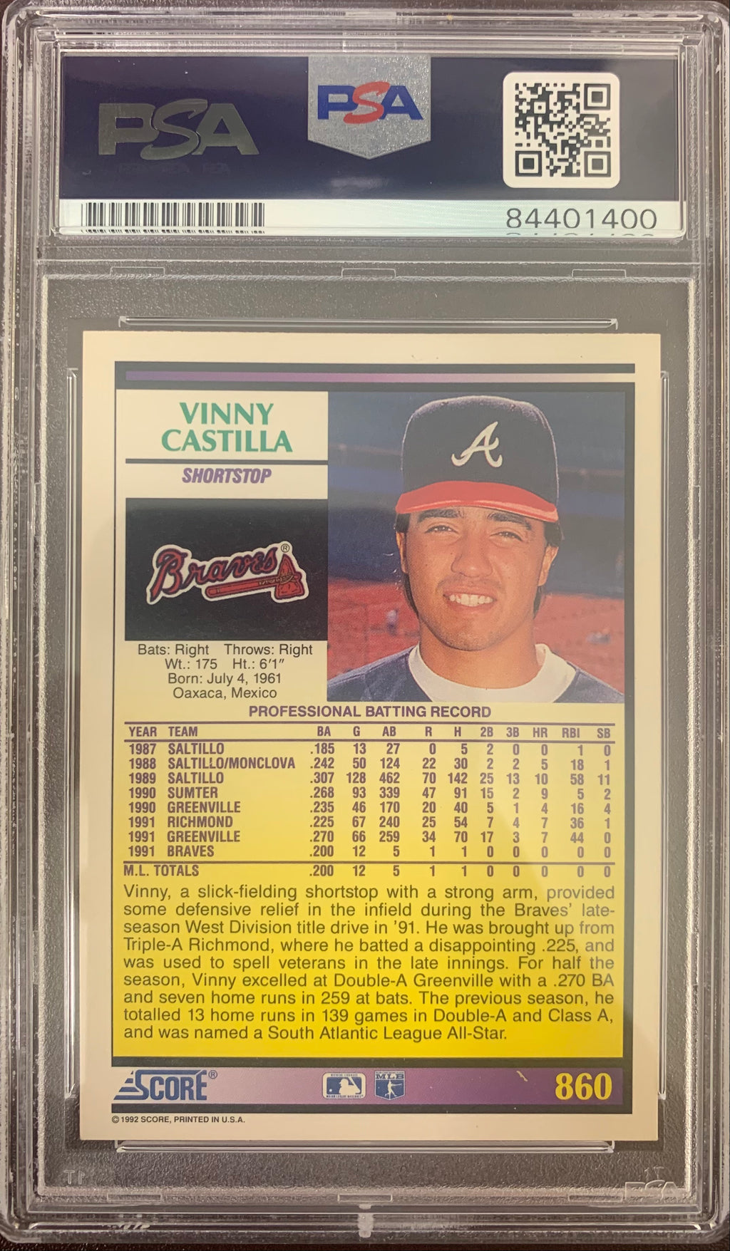 Vinny Castilla auto signed card 1992 Score RC Atlanta Brave PSA Encapsulated