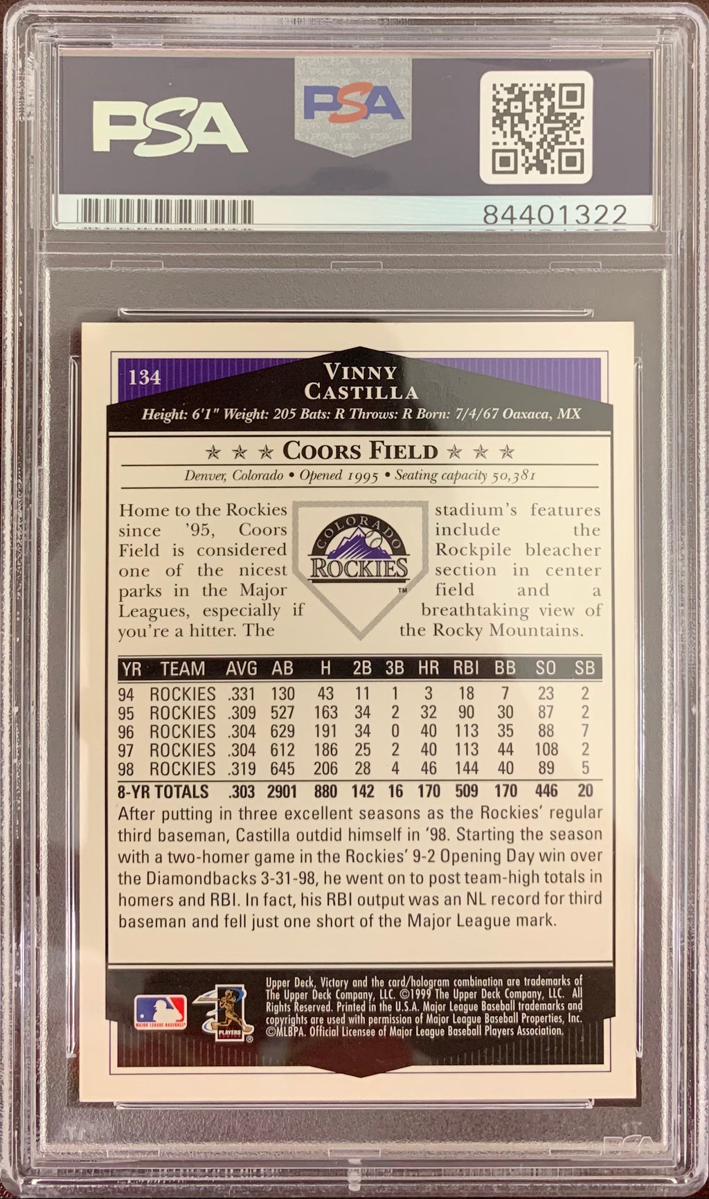 Vinny Castilla signed card 1999 Upper Deck 134 Colorado Rockies PSA Encapsulated