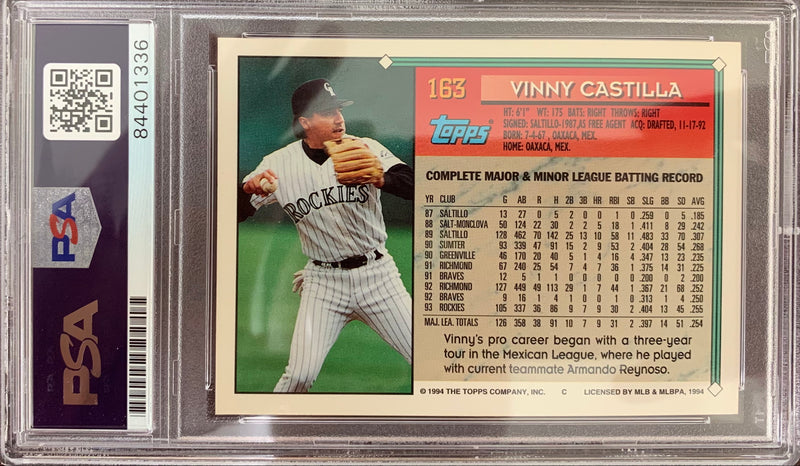 Vinny Castilla auto signed card 1994 Topps Colorado Rockies PSA Encapsulated