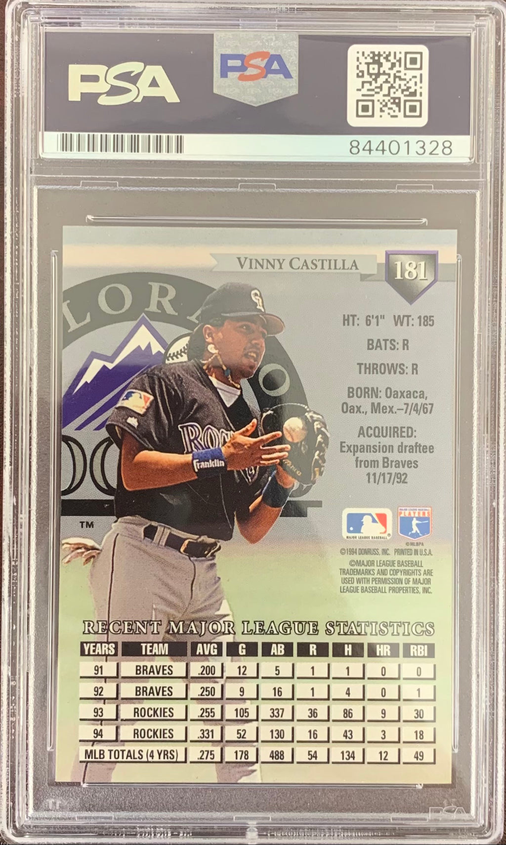 Vinny Castilla auto signed card 1994 Donruss Colorado Rockies PSA Encapsulated