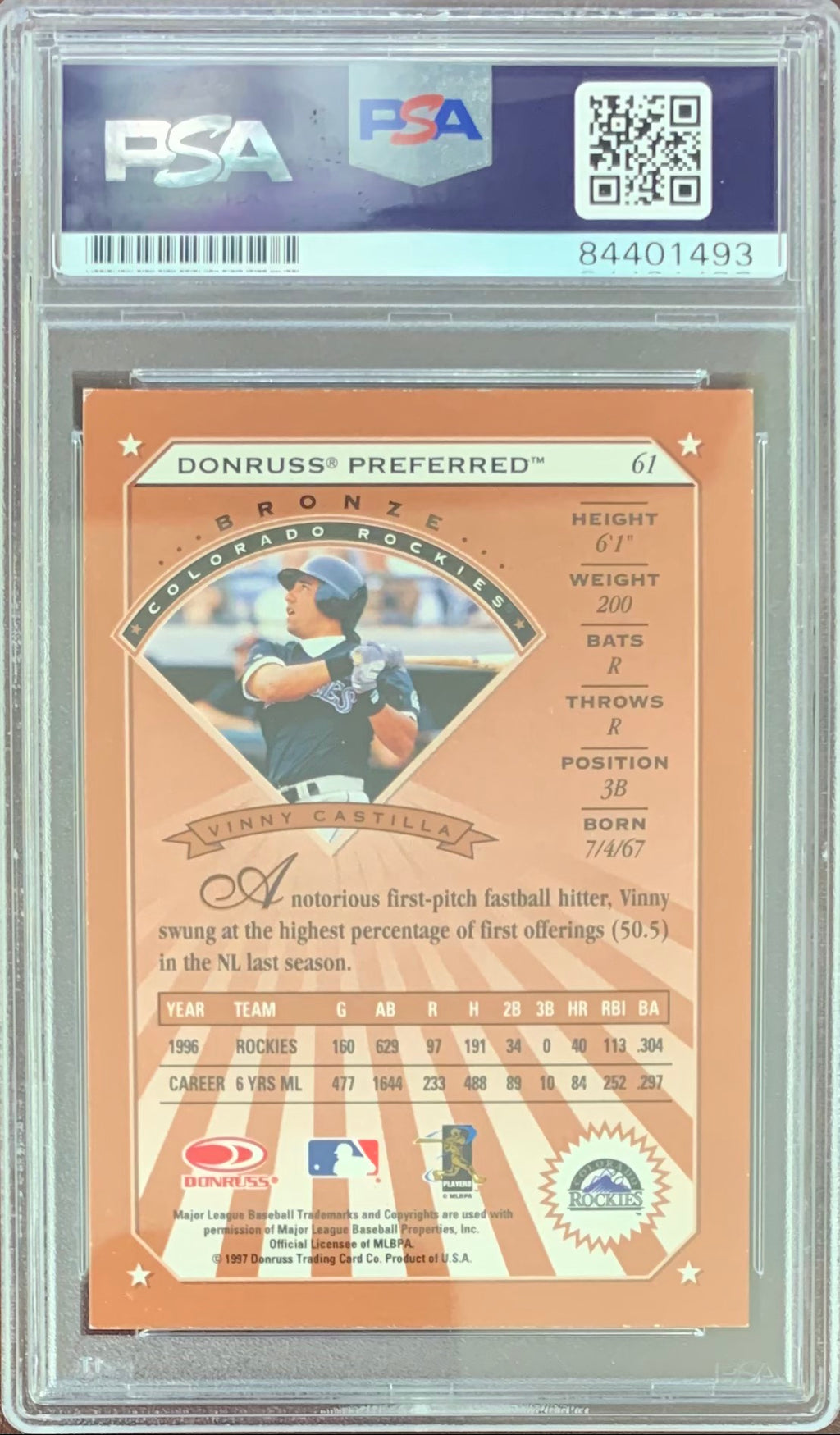 Vinny Castilla auto signed card 1997 Donruss Colorado Rockies PSA Encapsulated