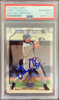 Vinny Castilla auto signed card 1998 Leaf #64 Colorado Rockies PSA Encapsulated