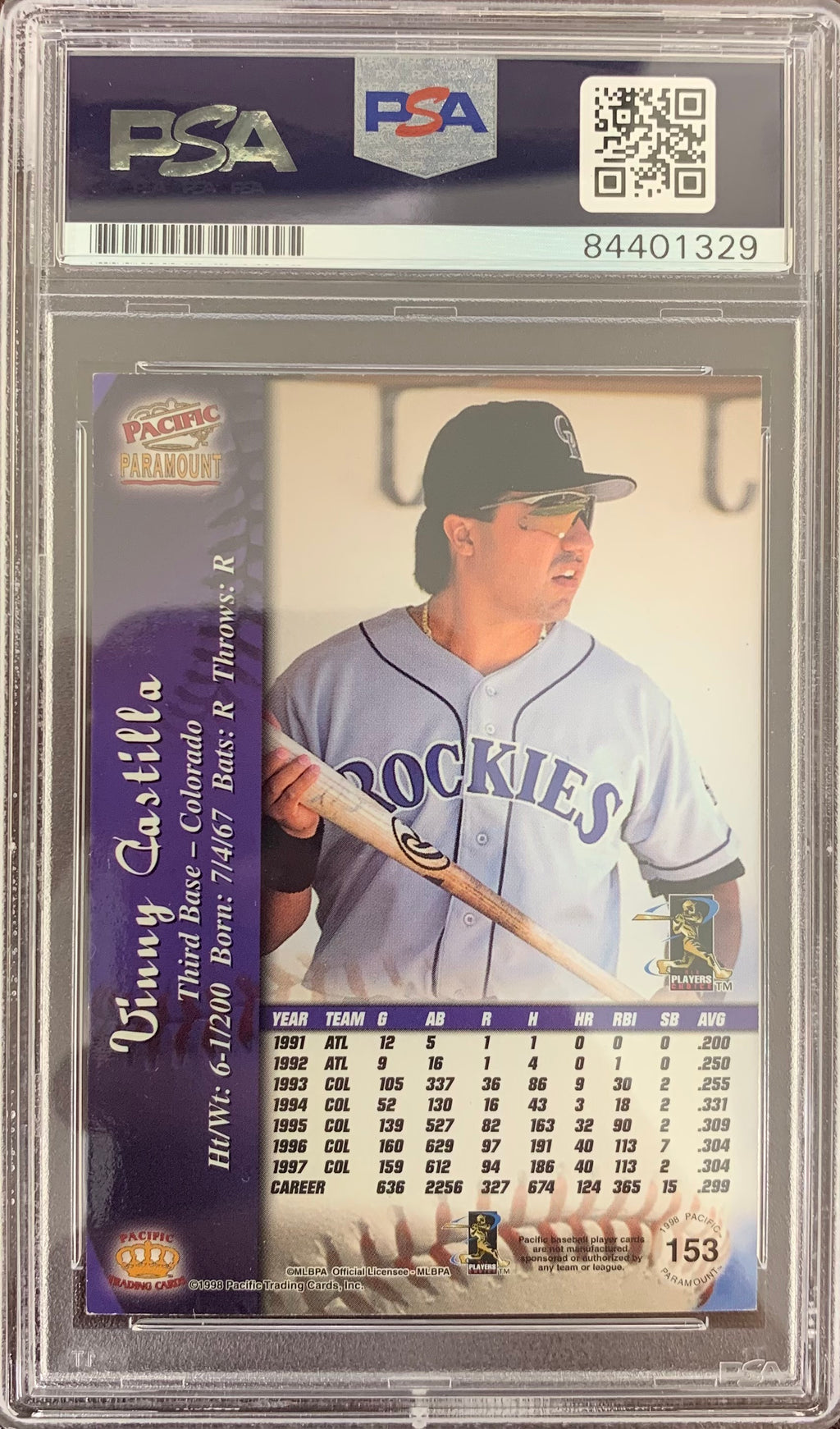 Vinny Castilla auto signed card 1998 Pacific Colorado Rockies PSA Encapsulated