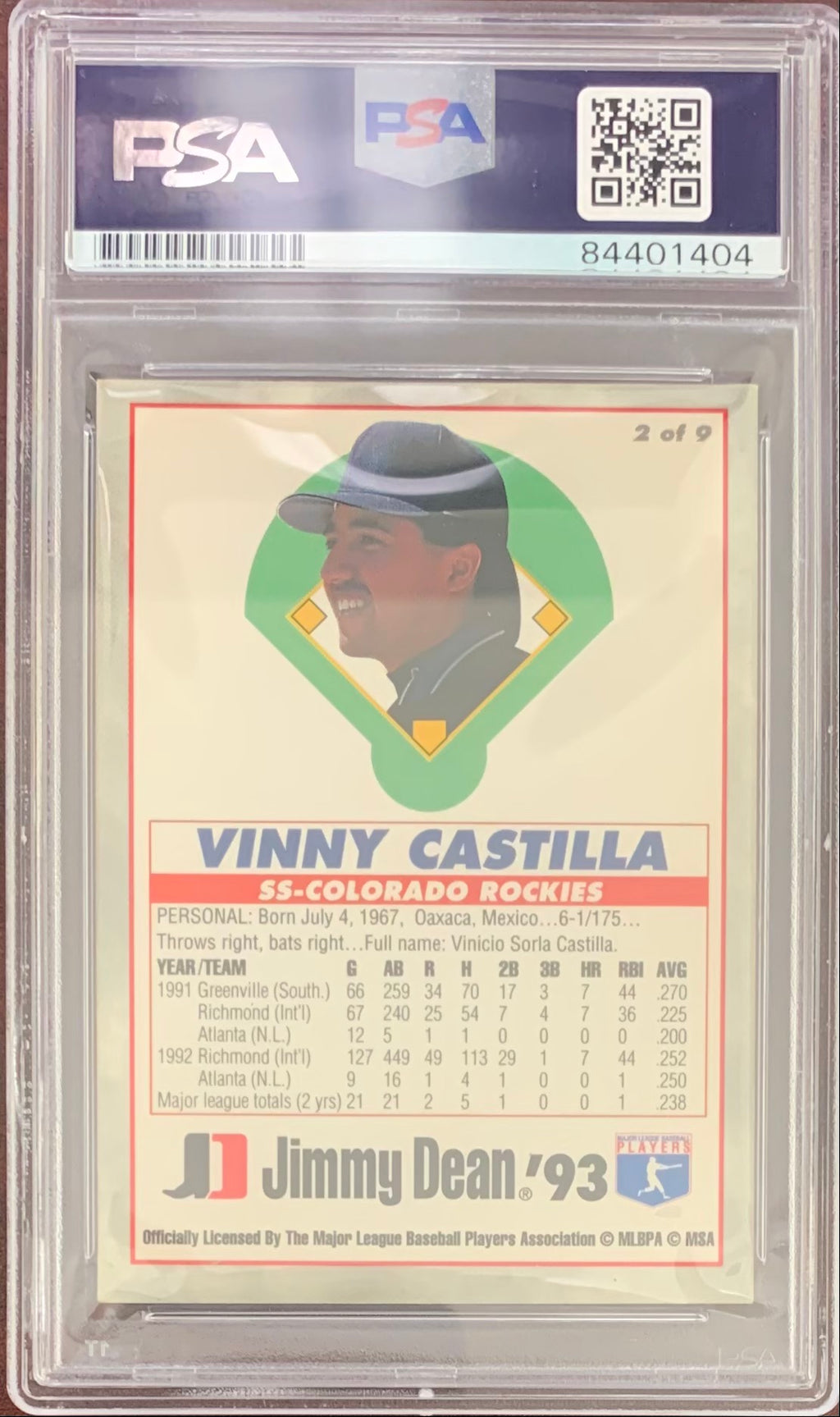 Vinny Castilla auto card 1993 Jimmy Dean RC Colorado Rockies PSA Encapsulated