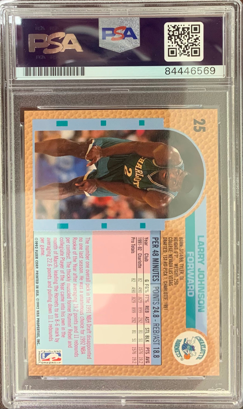 Larry Johnson signed auto 1992 Upper Deck #25 Charlotte Hornets PSA Encapsulated