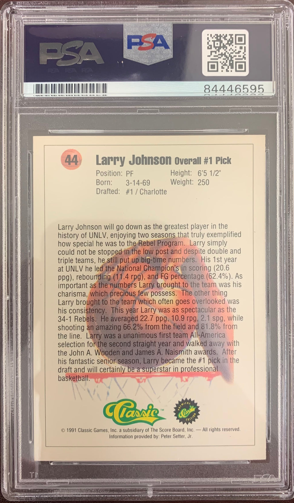 Larry Johnson auto 1991 Classic RC #44 UNLV PSA Encapsulated Charolett Hornets