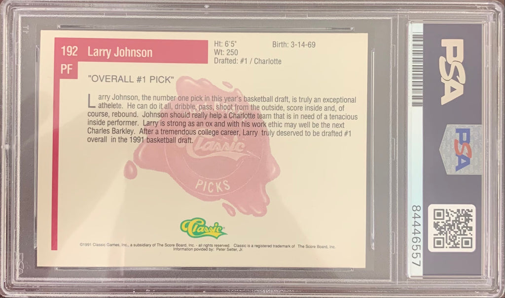 Larry Johnson auto 1991 Classic RC #192 UNLV PSA Encapsulated Charolett Hornets