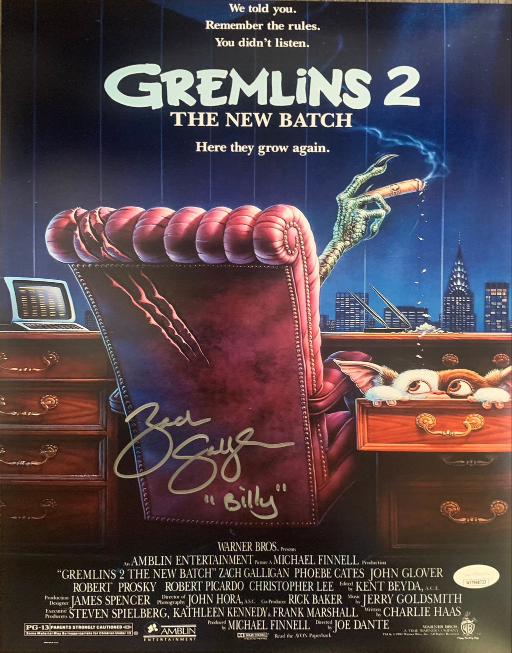 Zach Galligan autographed signed inscribed 11x14 photo Gremlins JSA Witness