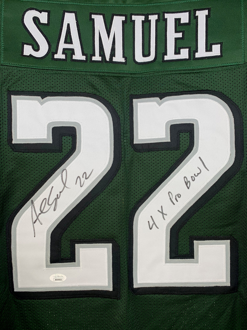 ASANTE SAMUEL SR. SIGNED INSCRIBED CUSTOM GREEN PRO STYLE AUTOGRAPHED JERSEY JSA COA