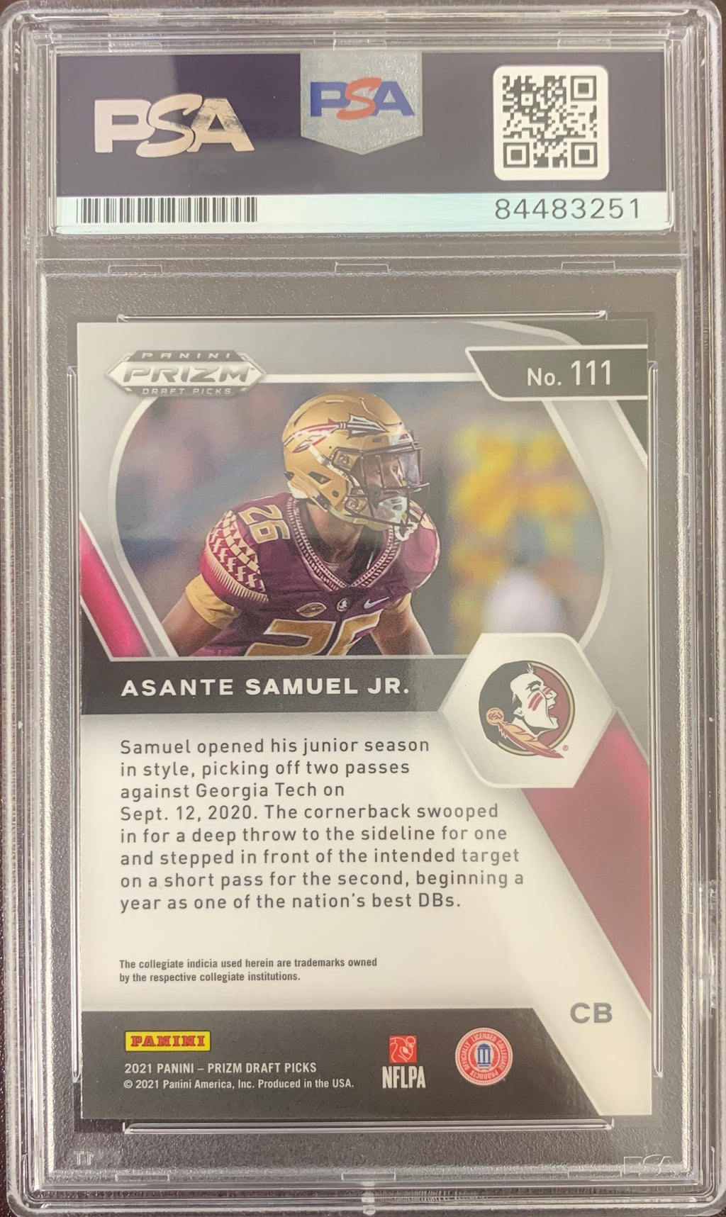 Asante Samuel Jr. auto RC Green Panini Prizm 2021 #111 LA Chargers FSU PSA Encap