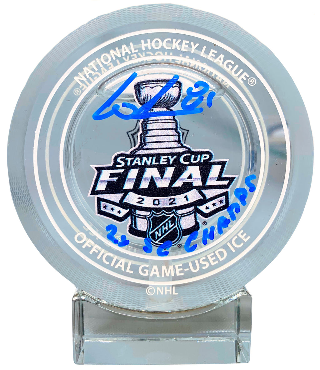 Erik Cernak autograph inscribed Stanley Cup Game Used Ice puck TB Lightning JSA