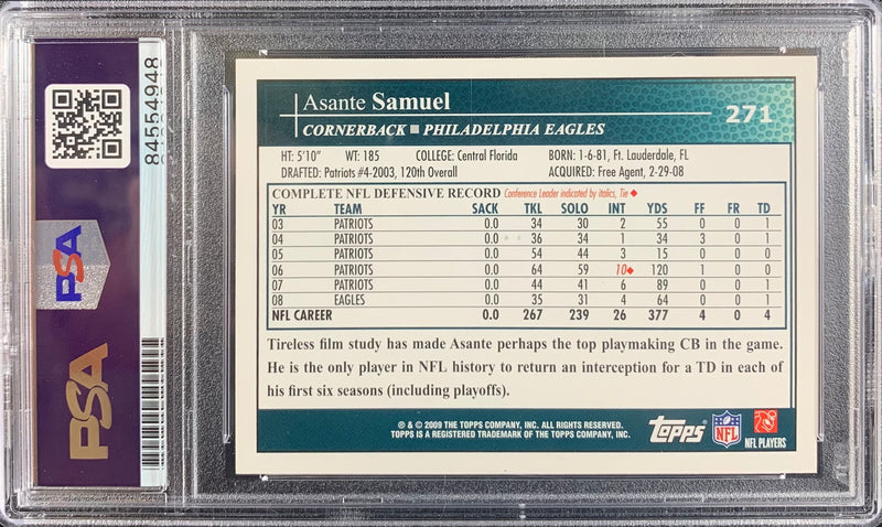 Asante Samuel auto card Topps 2009 #271 Philadelphia Eagles PSA Encapsulated