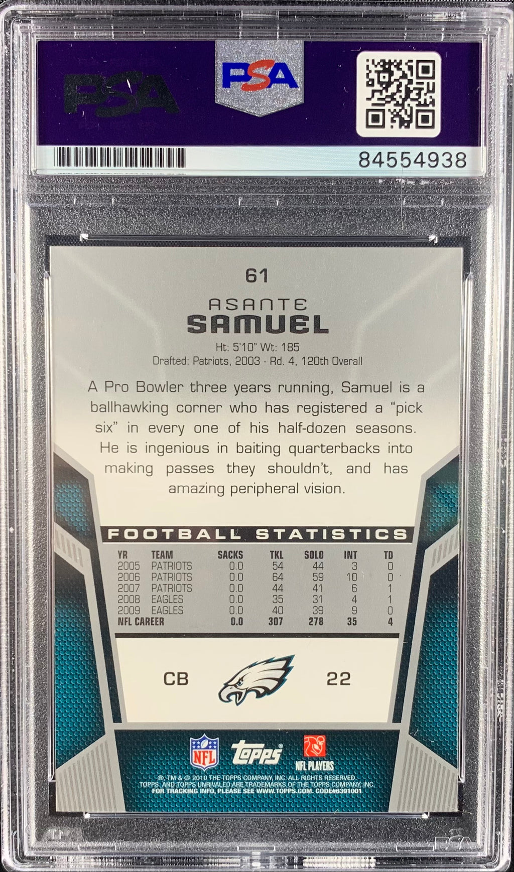 Asante Samuel auto card Topps Unrivaled 2010 #61 Philadelphia Eagles PSA Encap