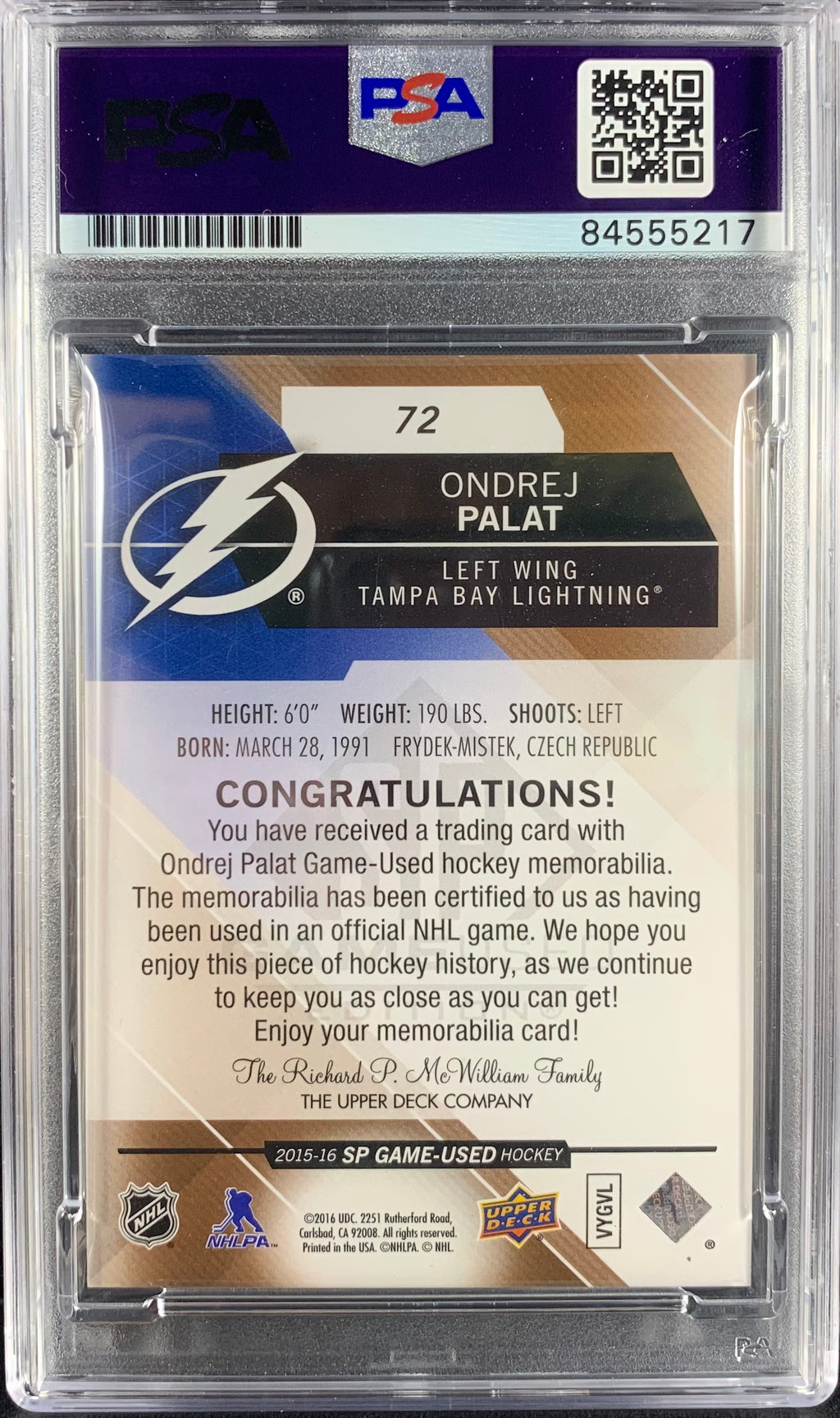 Ondrej Palat auto card Upper Deck SP Game Used 2016 #72 Lightning PSA Encap Game Worn