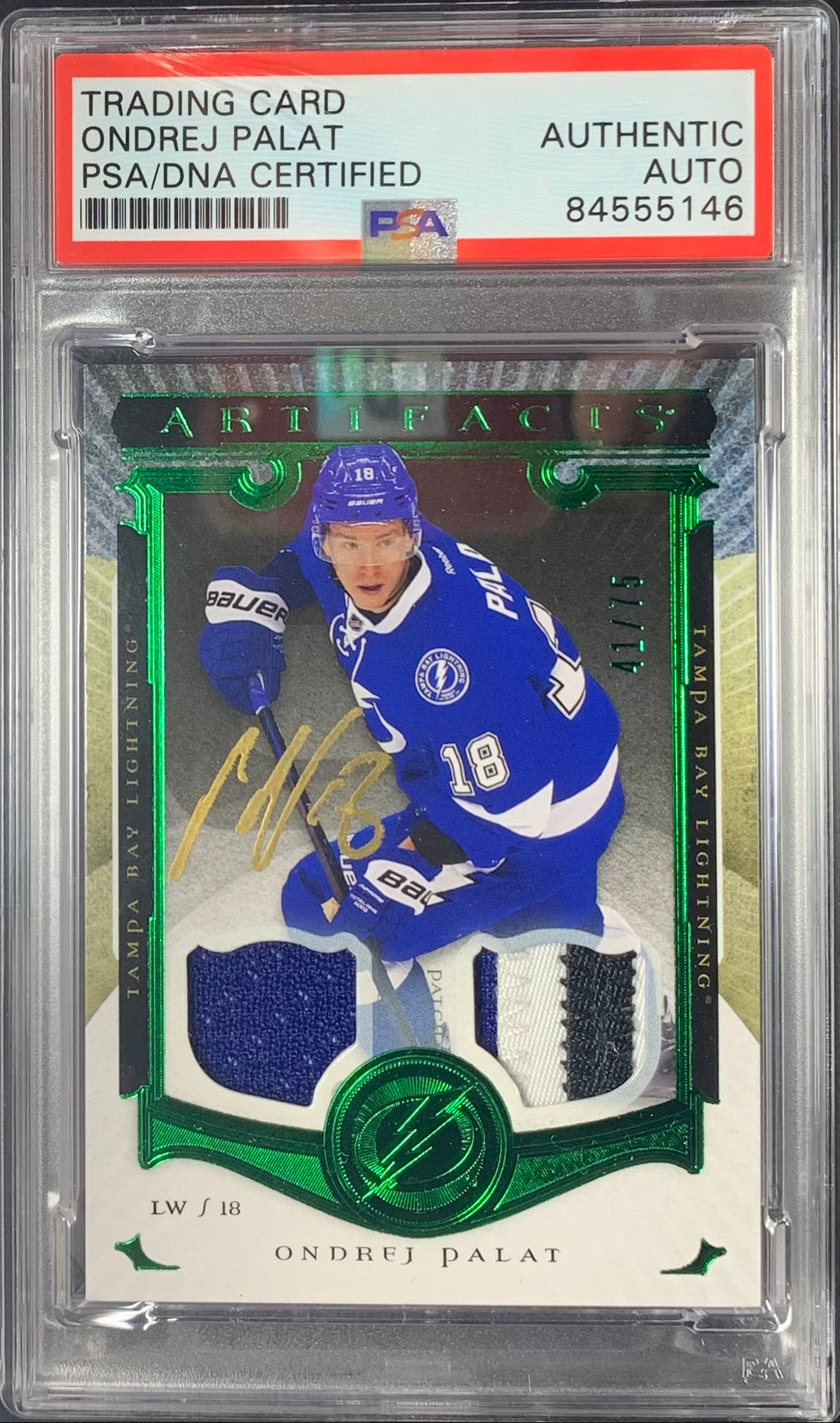 Ondrej Palat auto card Upper Deck 21 Artifacts Game Used '15 Lightning PSA Encap Game Worn