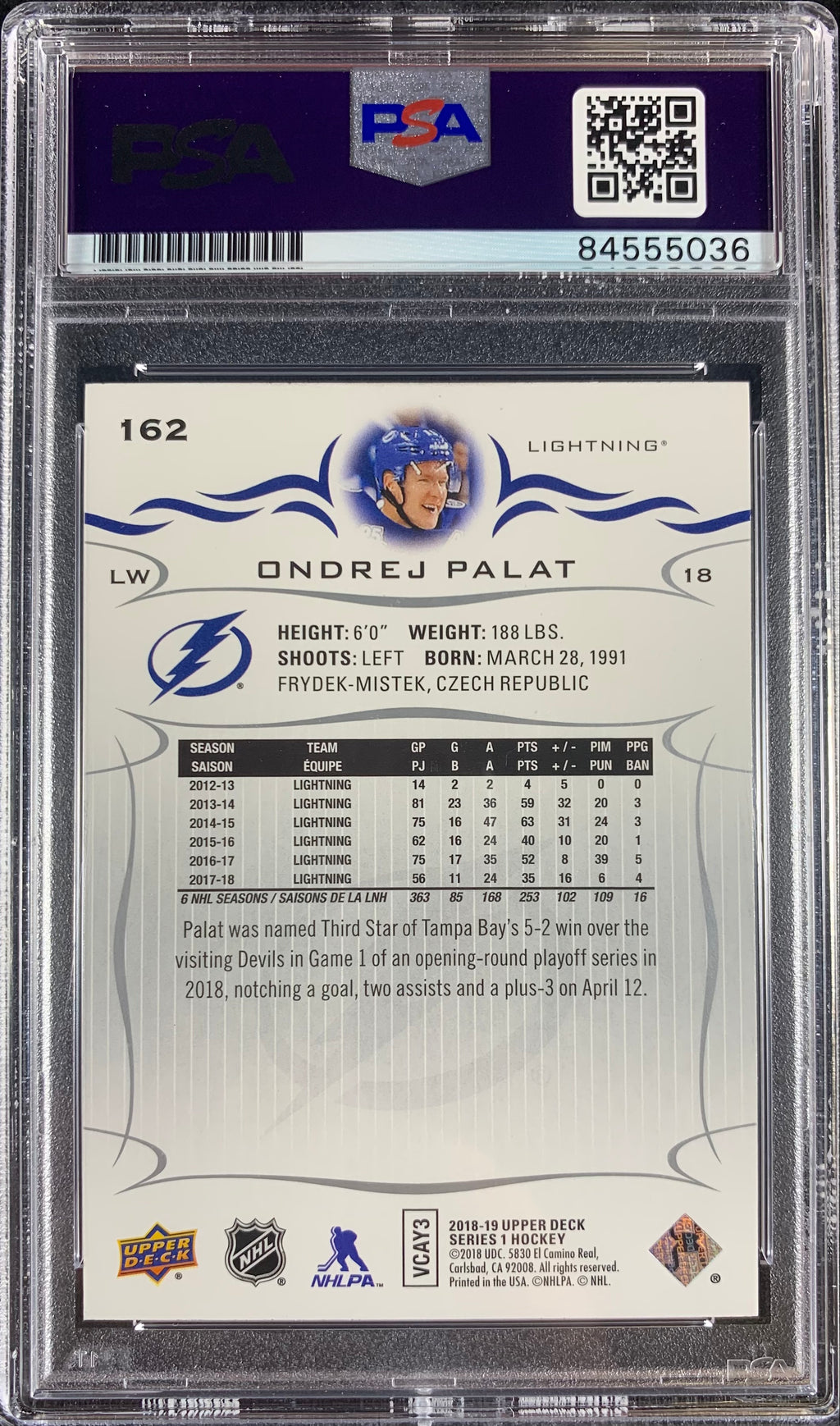 Ondrej Palat auto card Upper Deck Series 1 #162 2018 Lightning PSA Encap