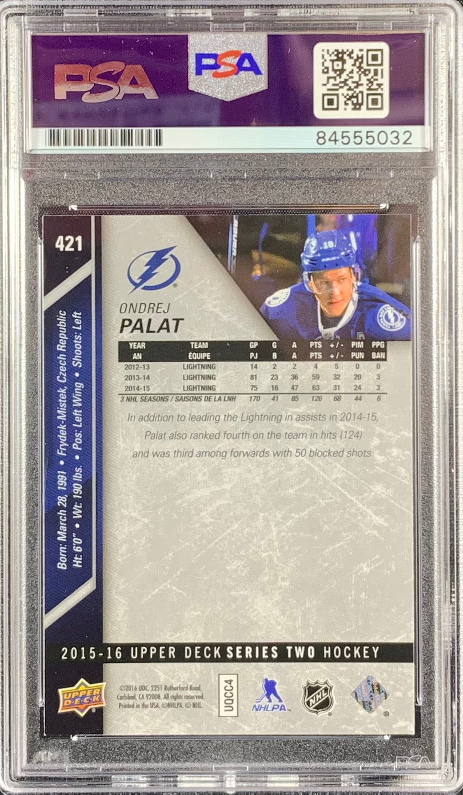 Ondrej Palat auto card Upper Deck Series 2 #421 2015 Lightning PSA Encapsulated