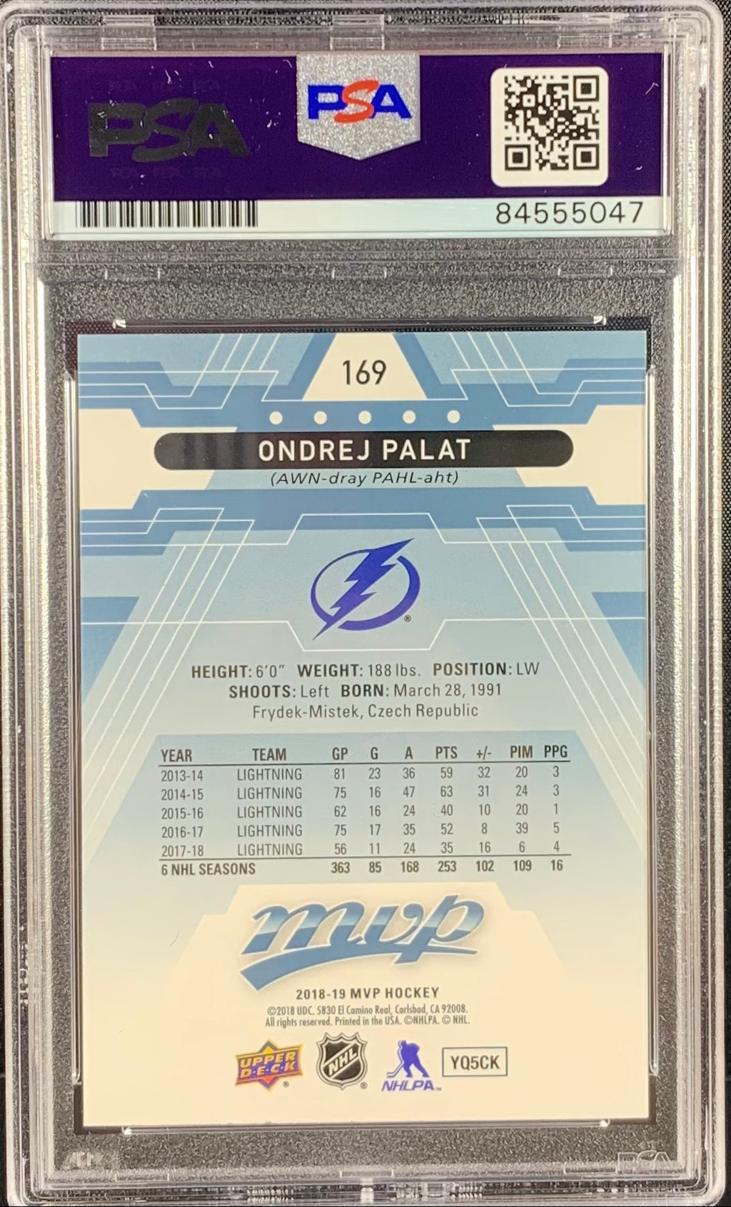 Ondrej Palat auto card Upper Deck MVP #169 2018 Lightning PSA Encapsulated