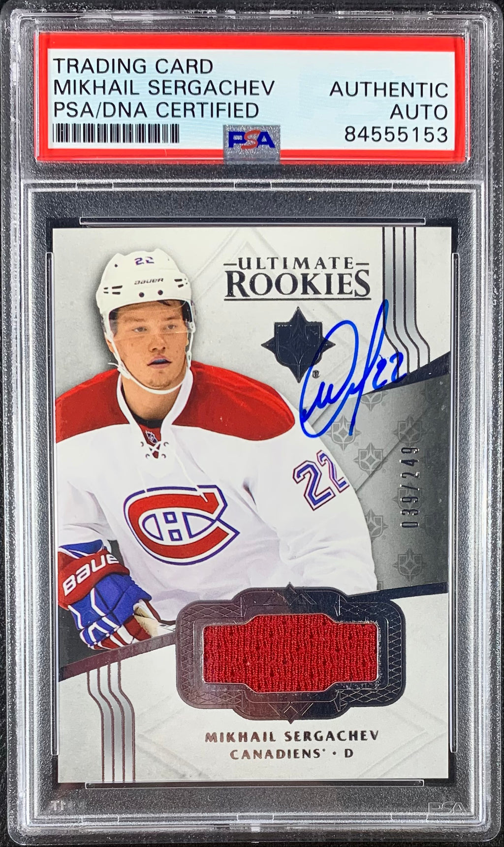Mikhail Sergachev auto RC Upper Deck Ultimate Canadians PSA Encap Player Worn