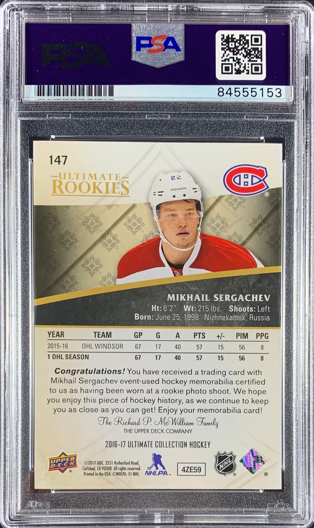 Mikhail Sergachev auto RC Upper Deck Ultimate Canadians PSA Encap Player Worn