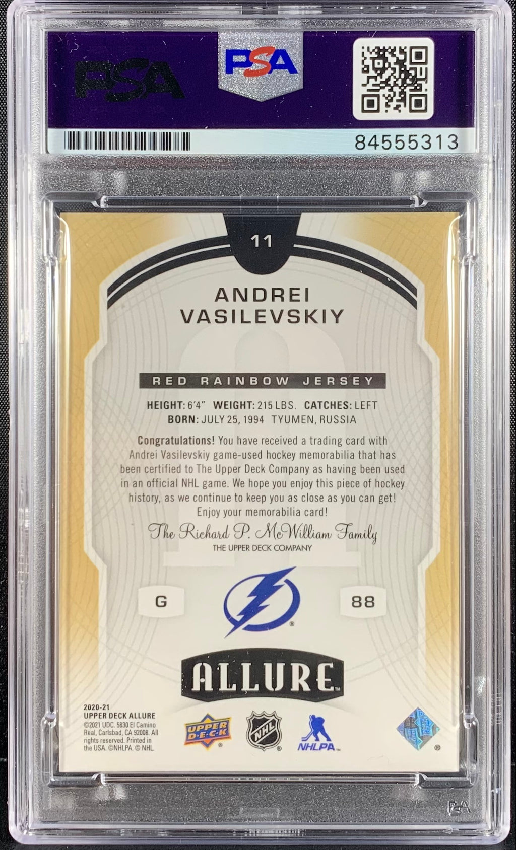Andrei Vasilevskiy auto card Game Used Upper Deck Allure Lightning PSA Encap