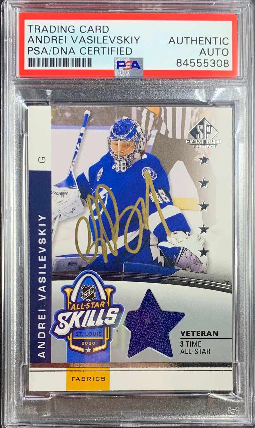 Andrei Vasilevskiy auto card SP Game Used Upper Deck Skills Lightning PSA Encap