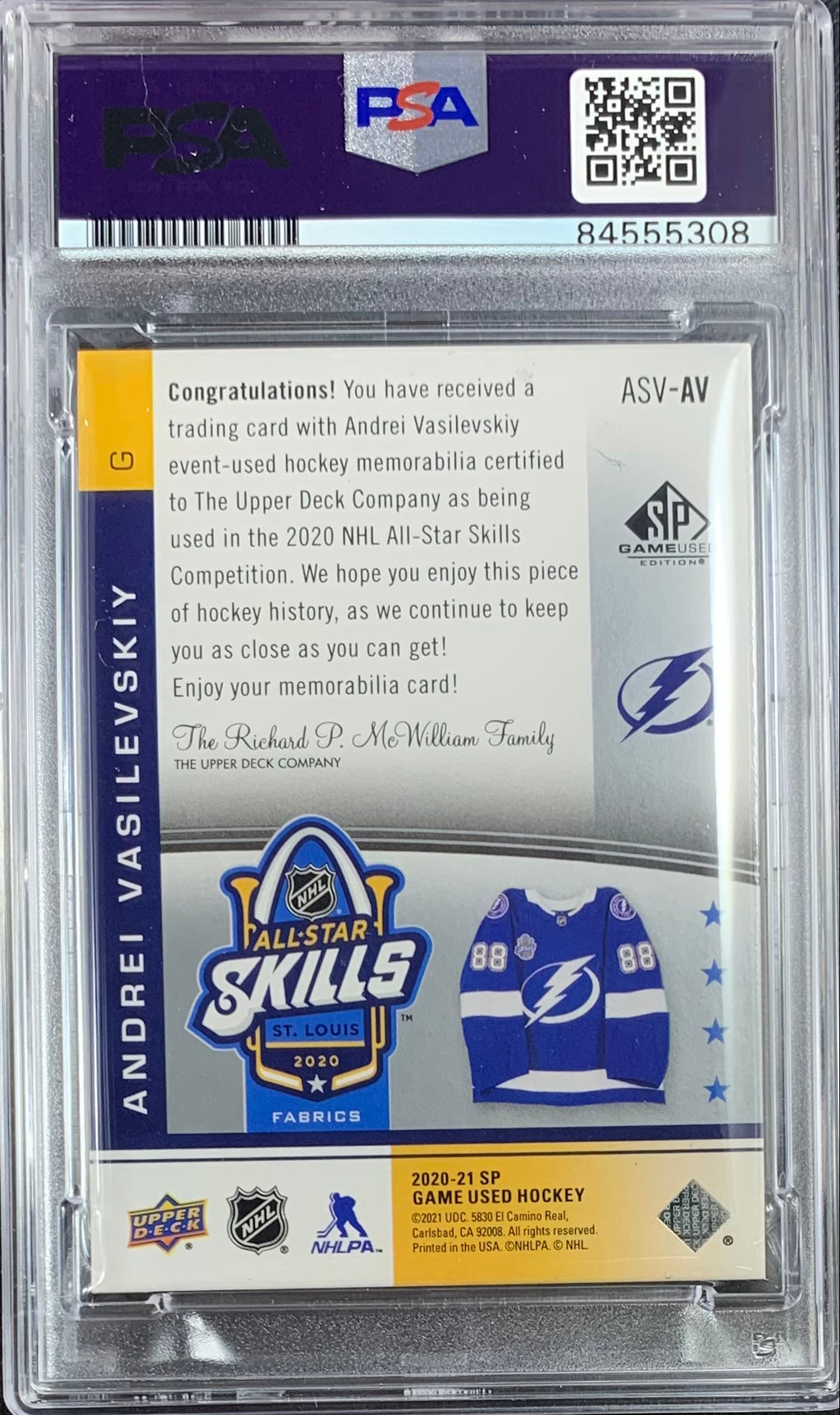 Andrei Vasilevskiy auto card SP Game Used Upper Deck Skills Lightning PSA Encap