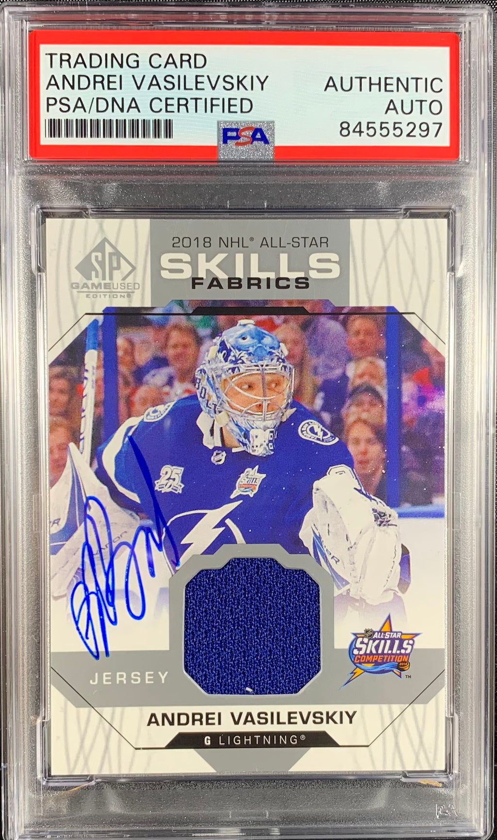 Andrei Vasilevskiy auto card SP Game Used Upper Deck Skills Lightning PSA Encap