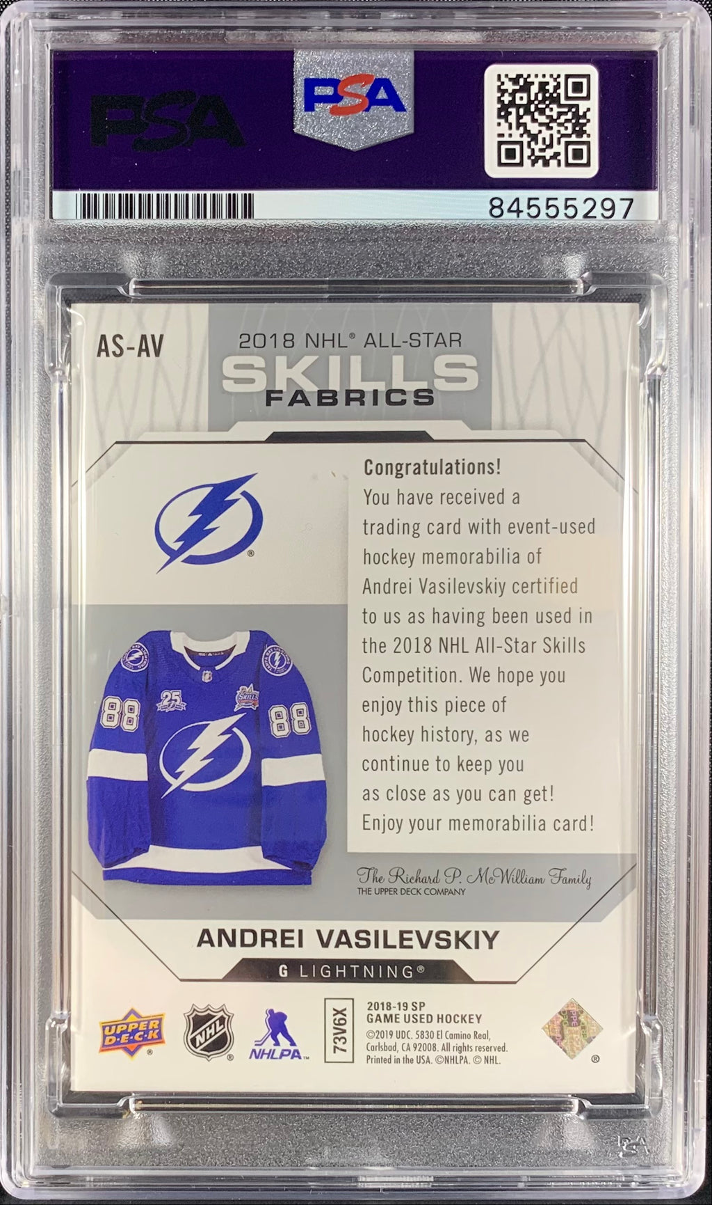 Andrei Vasilevskiy auto card SP Game Used Upper Deck Skills Lightning PSA Encap