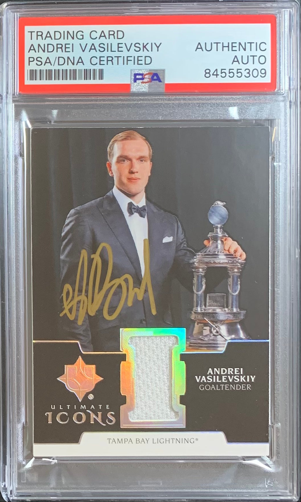 Andrei Vasilevskiy auto card Game Used Upper Deck Icons Lightning PSA Encap