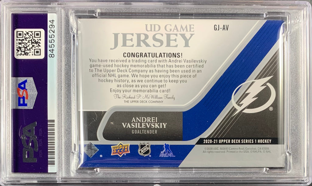 Andrei Vasilevskiy auto card Game Used Worn UD Game Jersey Lightning PSA Encap