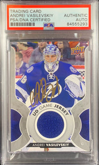 Andrei Vasilevskiy auto card Game Used Worn UD Game Jersey Lightning PSA Encap