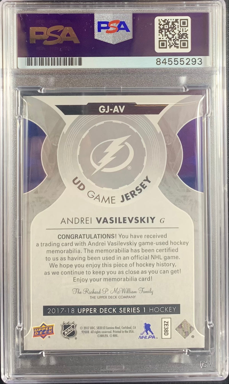 Andrei Vasilevskiy auto card Game Used Worn UD Game Jersey Lightning PSA Encap