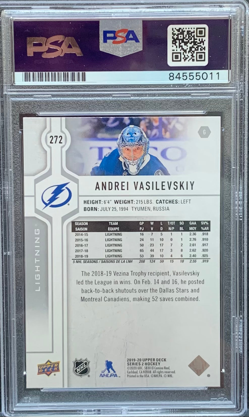 Andrei Vasilevskiy auto card Upper Deck Series 2 #272 2019 Lightning PSA Encap