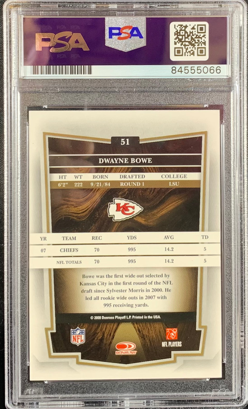 Dwayne Bowe auto 2008 Donruss Classics card Kansas City Chiefs PSA Encapsulated