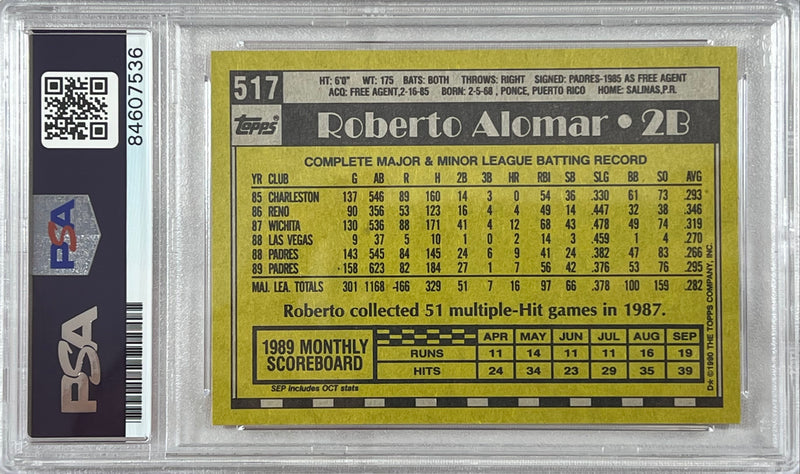 Roberto Alomar auto 1990 Topps #517 MLB San Diego Padres PSA Encapsulated